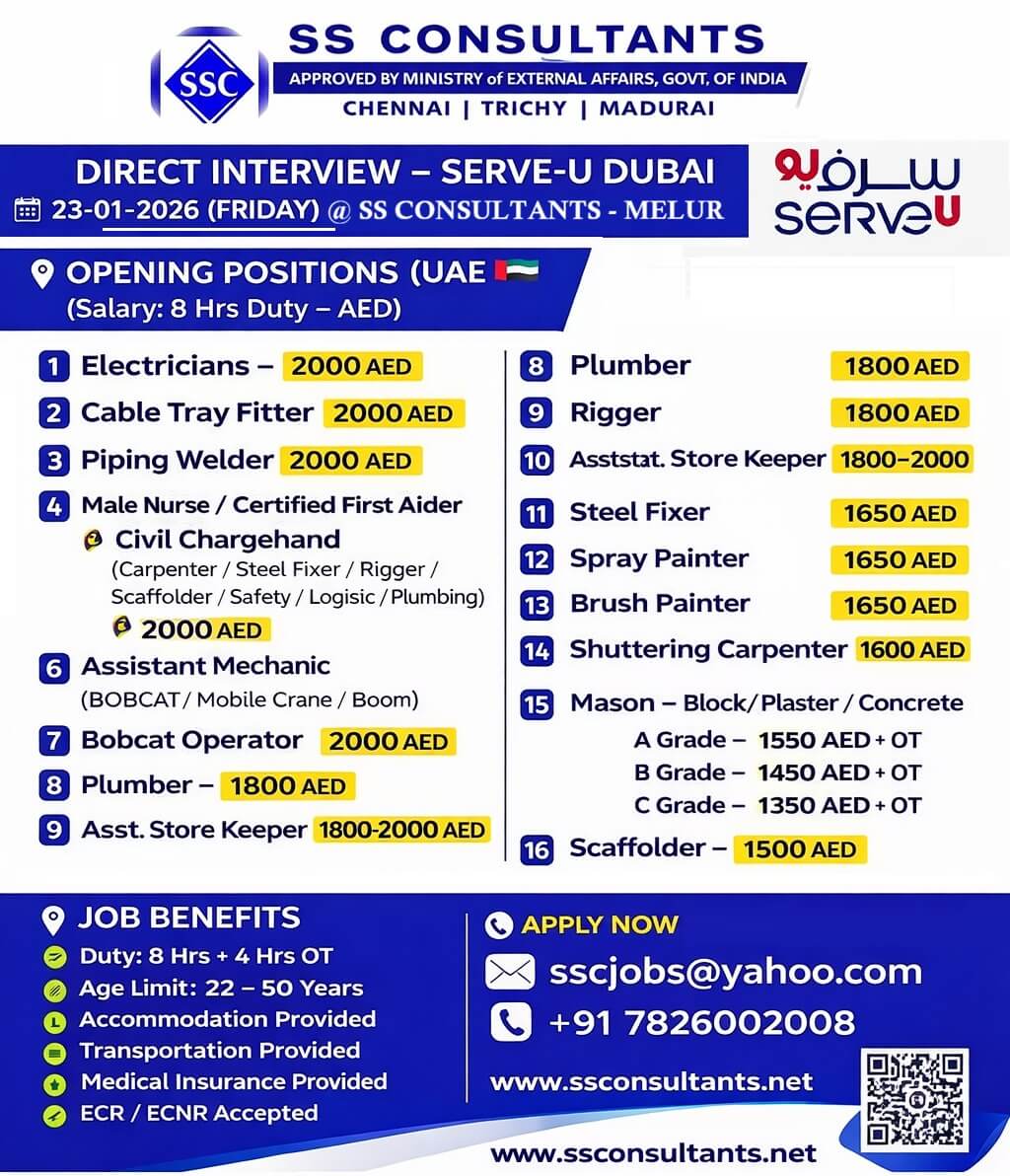 SERVE-U Dubai Jobs 2026 | Direct Interview UAE | Skilled & Construction Jobs SERVE-U Dubai Jobs 2026 | Direct Interview UAE | Skilled & Construction Jobs