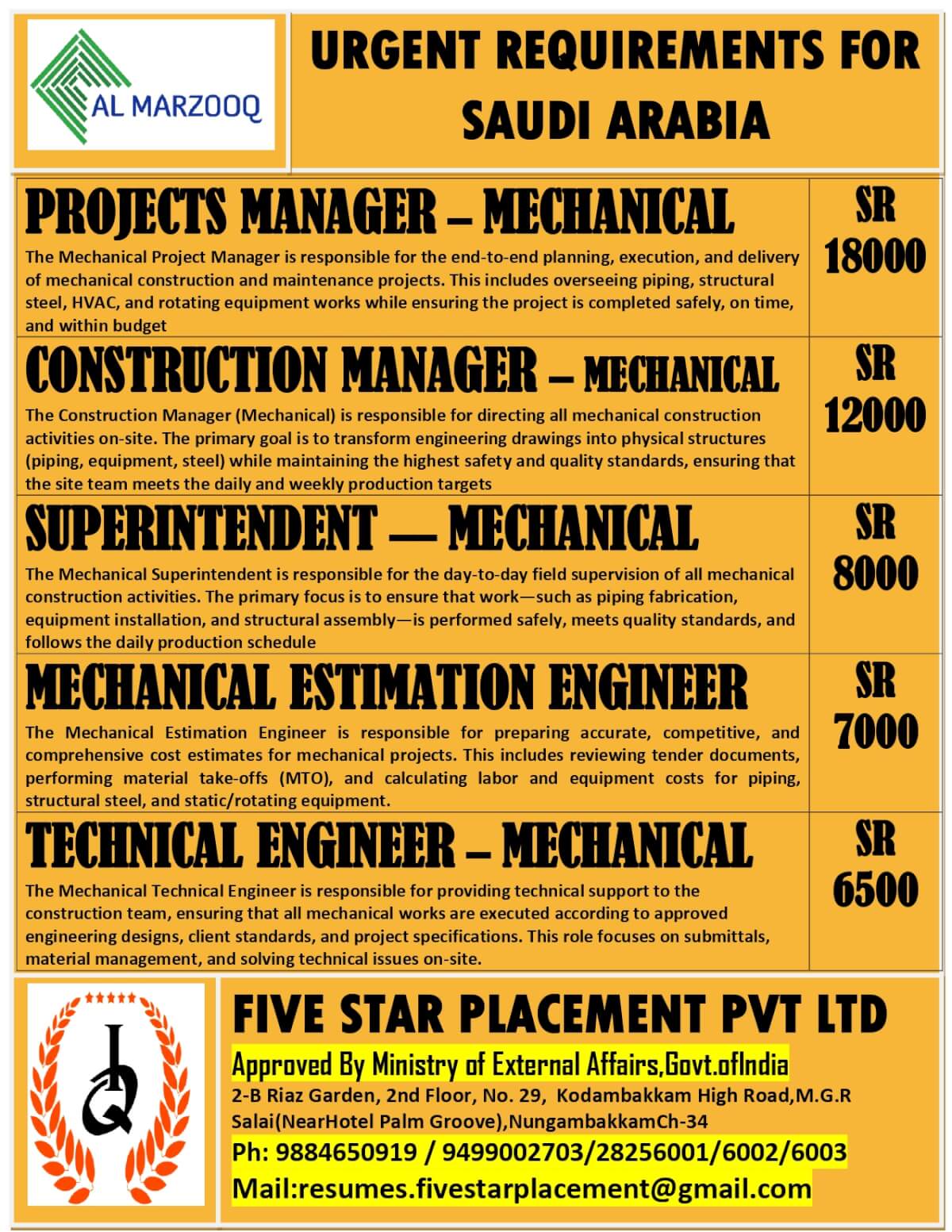 URGENT REQUIREMENT FOR SAUDI ARABIA