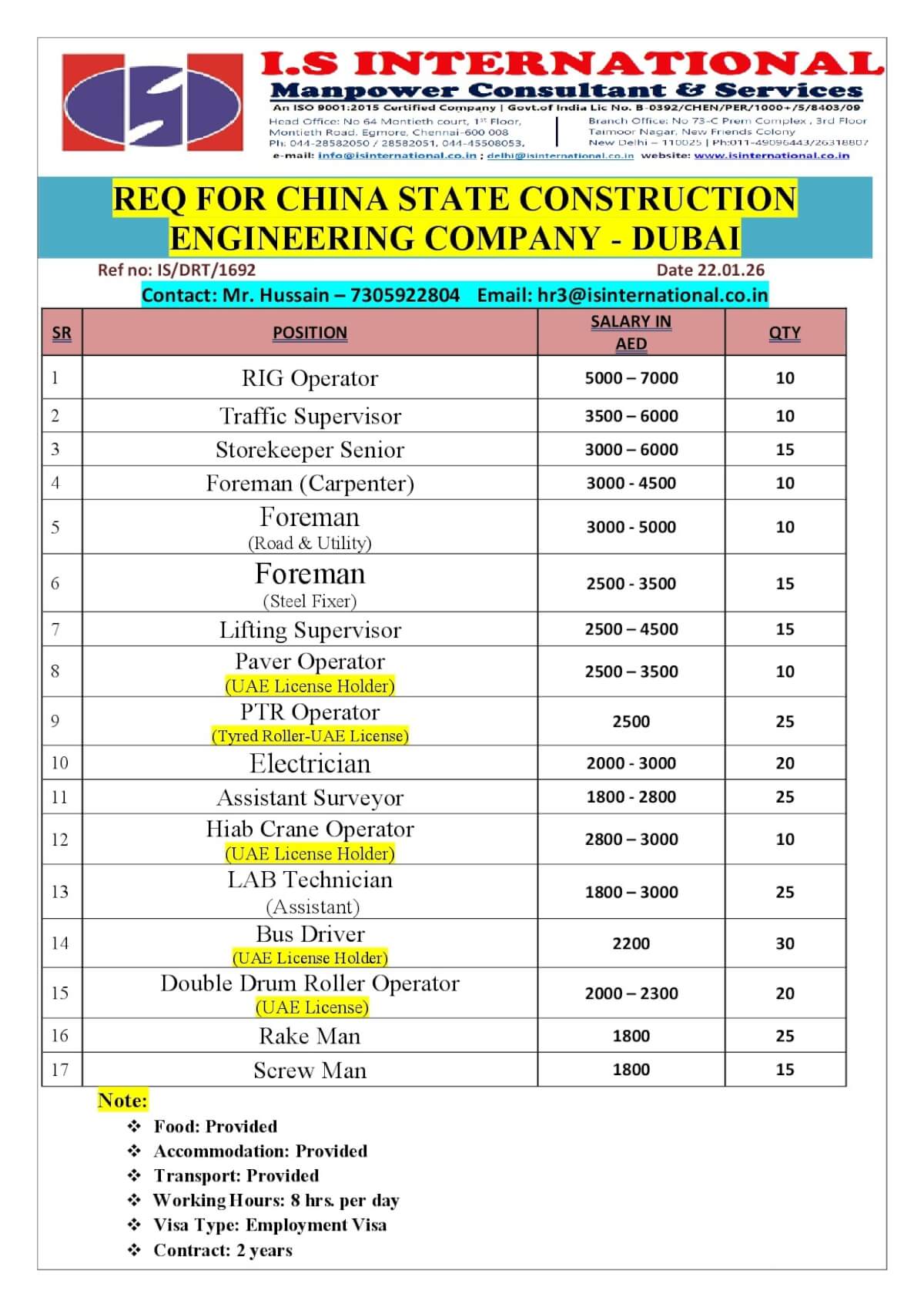 Hiring for Dubai Hiring for Dubai