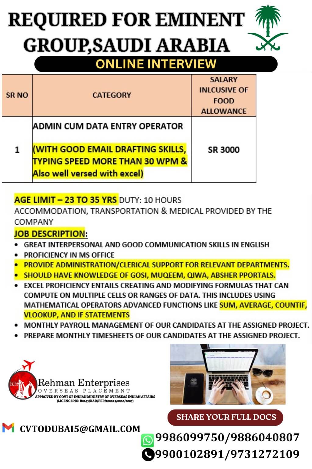 REQUIRED FOR EMINENT GROUP IN SAUDI ARABIA-ONLINE INTERVIEW REQUIRED FOR EMINENT GROUP IN SAUDI ARABIA-ONLINE INTERVIEW