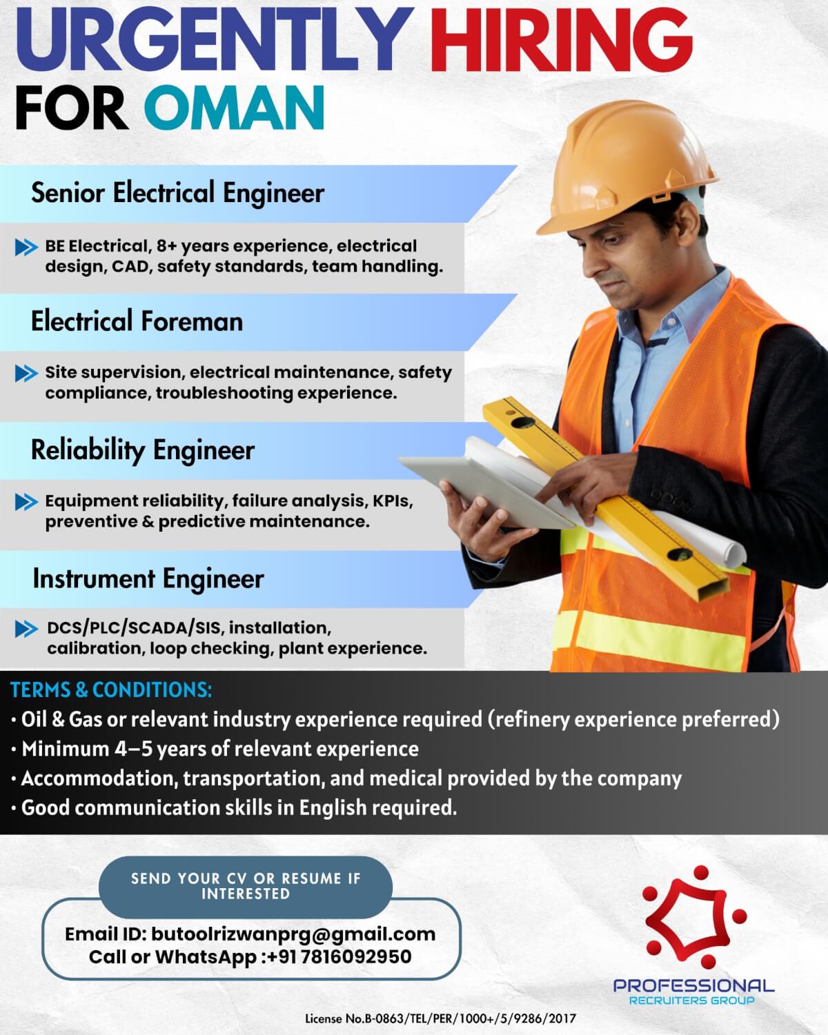 URGENTLY HIRING FOR OIL AND GAS REFINERY - OMAN URGENTLY HIRING FOR OIL AND GAS REFINERY - OMAN