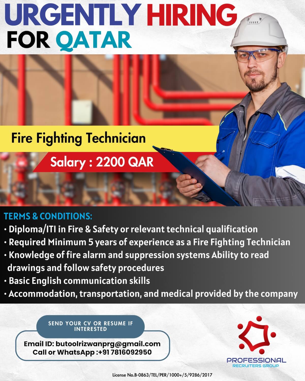 URGENT HIRING FOR FIRE FIGHTING TECHNICIAN - QATAR URGENT HIRING FOR FIRE FIGHTING TECHNICIAN - QATAR