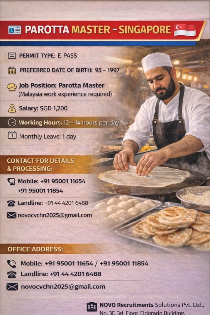 Parotta Master (Malaysia work experience required Parotta Master (Malaysia work experience required