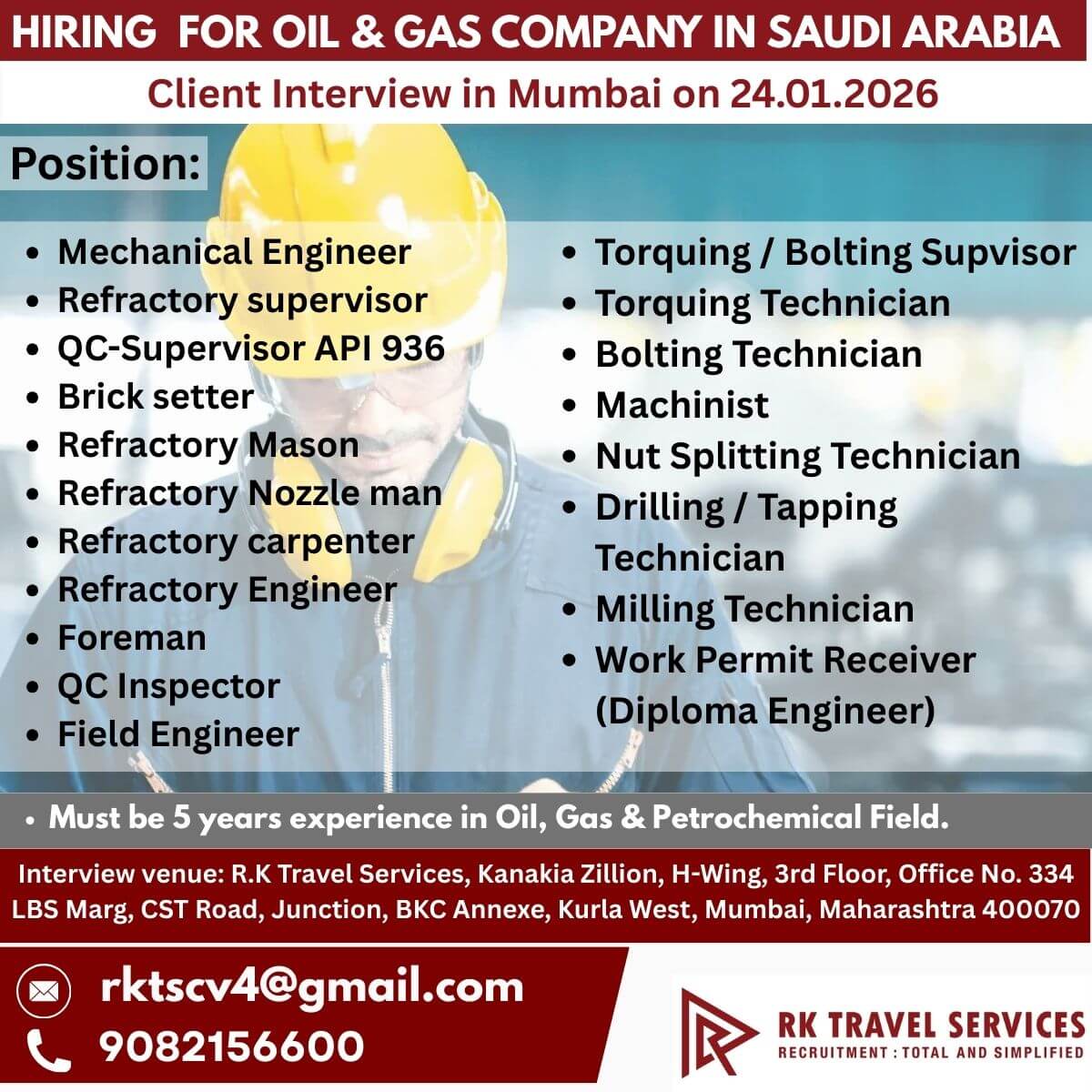 Hiring  For oil & gas Company in Saudi Arabia