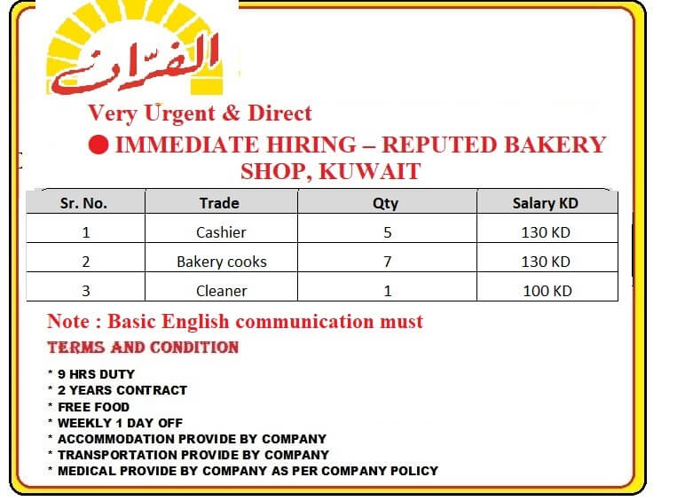 URGENT HIRING FOR REPUTED BAKERY SHOP IN KUWAIT URGENT HIRING FOR REPUTED BAKERY SHOP IN KUWAIT