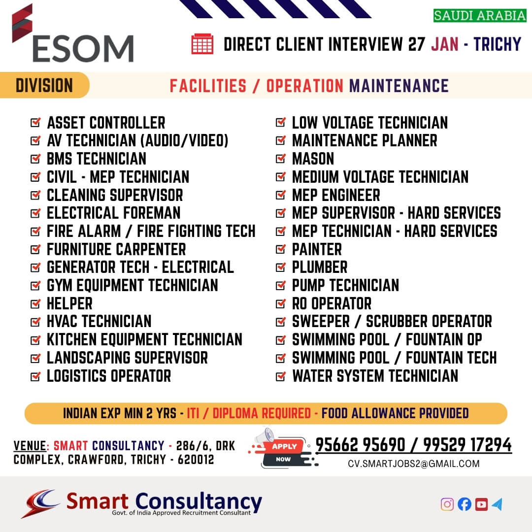 WANTED FOR A LEADING MAINTENANCE COMPANY (SAUDI) DIRECT CLIENT INTERVIEW ON 27 JAN - TRICHY