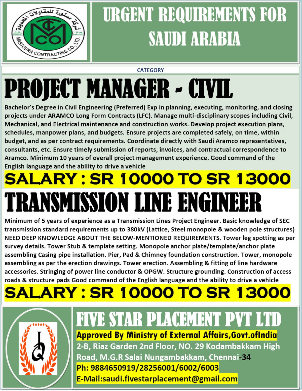 URGENT REQUIREMENT FOR SAUDI ARABIA