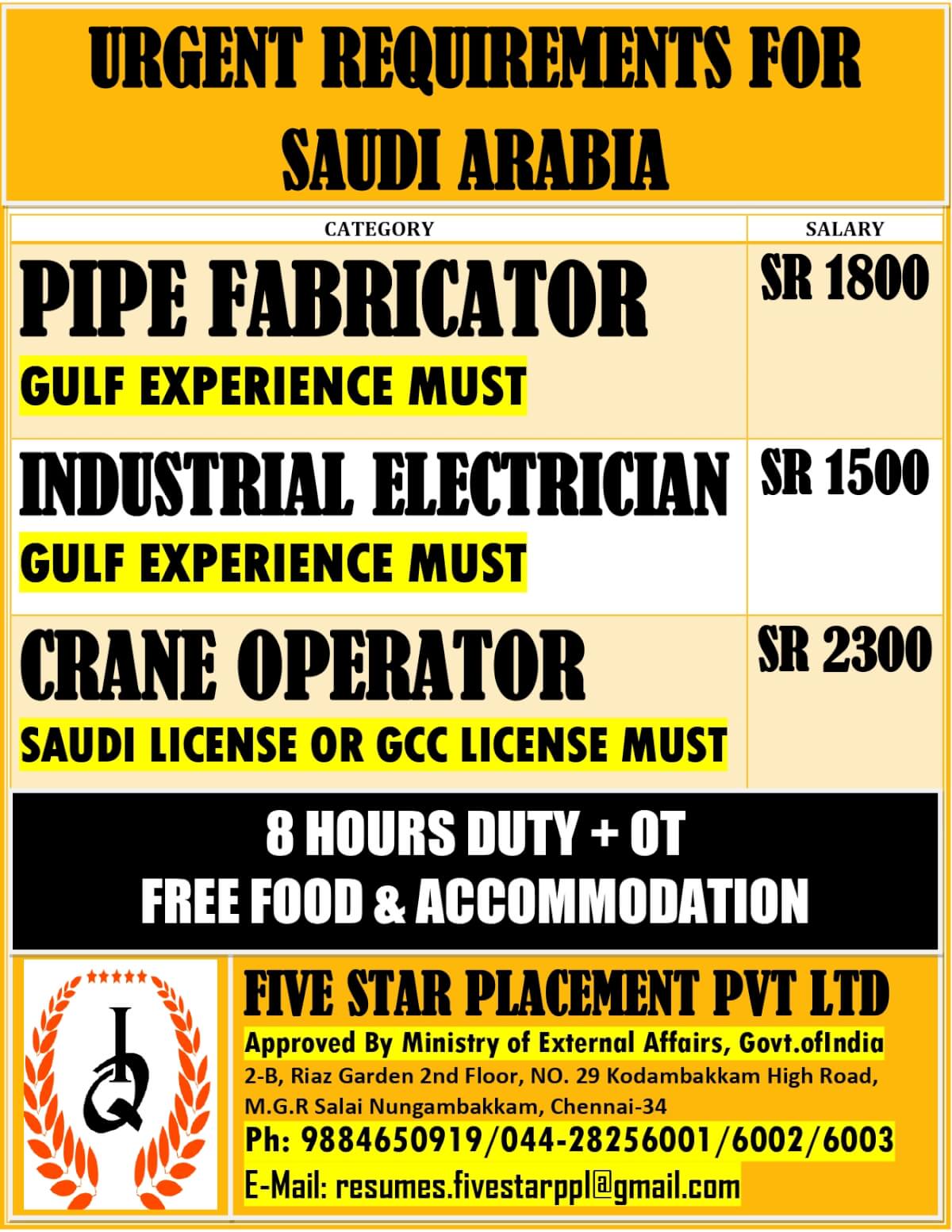 URGENT REQUIREMENT FOR SAUDI ARABIA