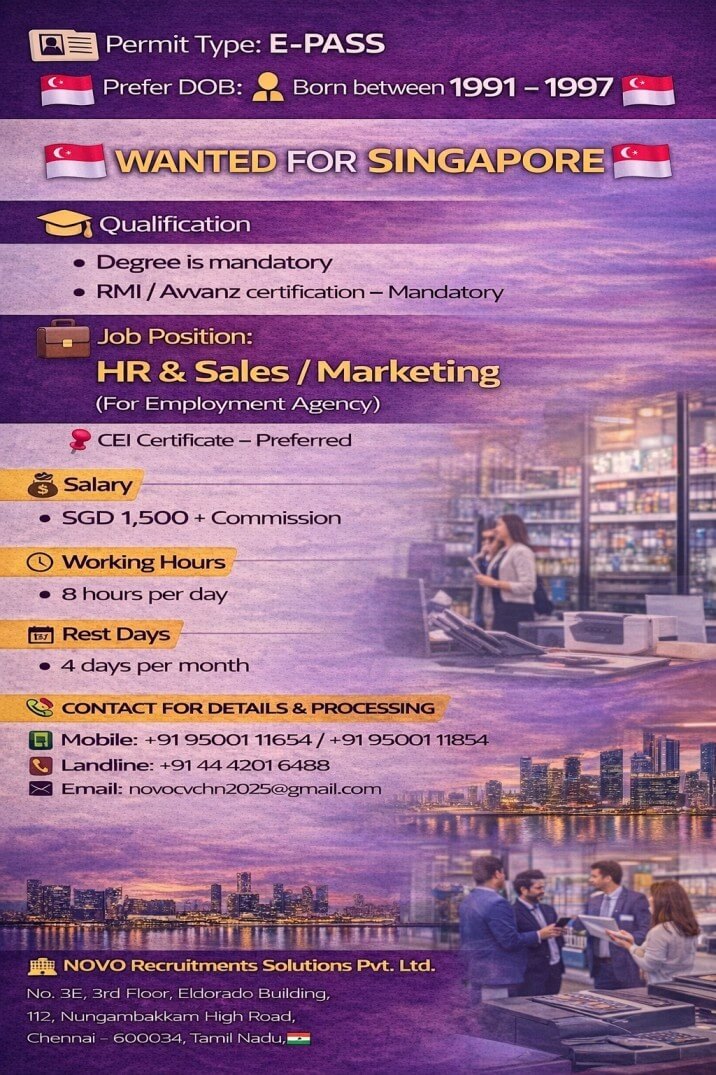 HR & Sales / Marketing (For Employment Agency) (Preferably with CEI Certificate) HR & Sales / Marketing (For Employment Agency) (Preferably with CEI Certificate)