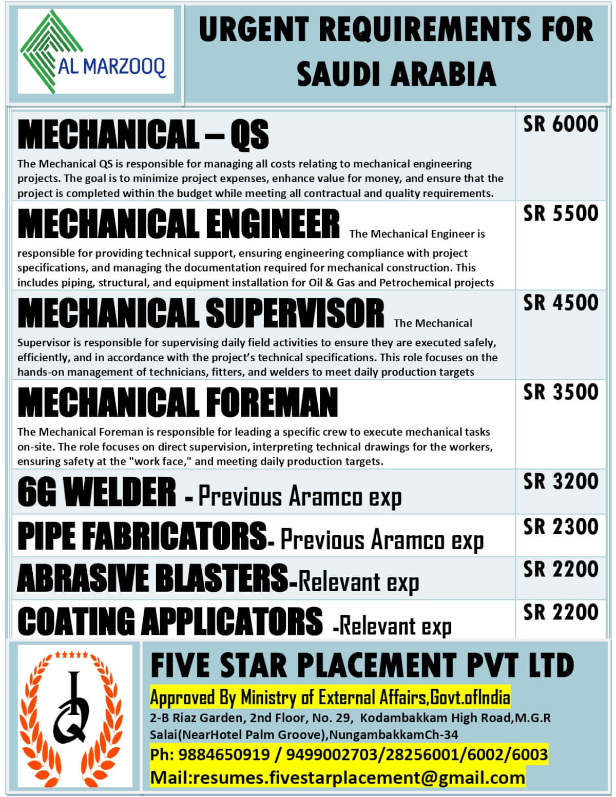 URGENT REQUIREMENT FOR SAUDI ARABIA