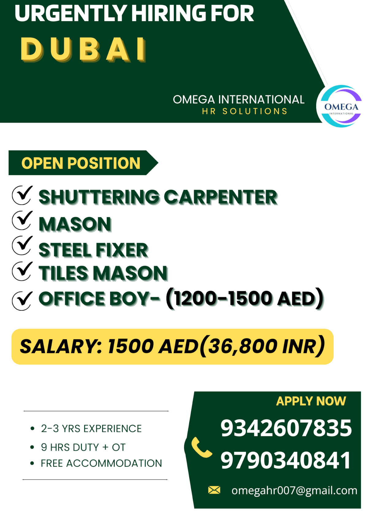 Urgently hiring for Dubai Urgently hiring for Dubai