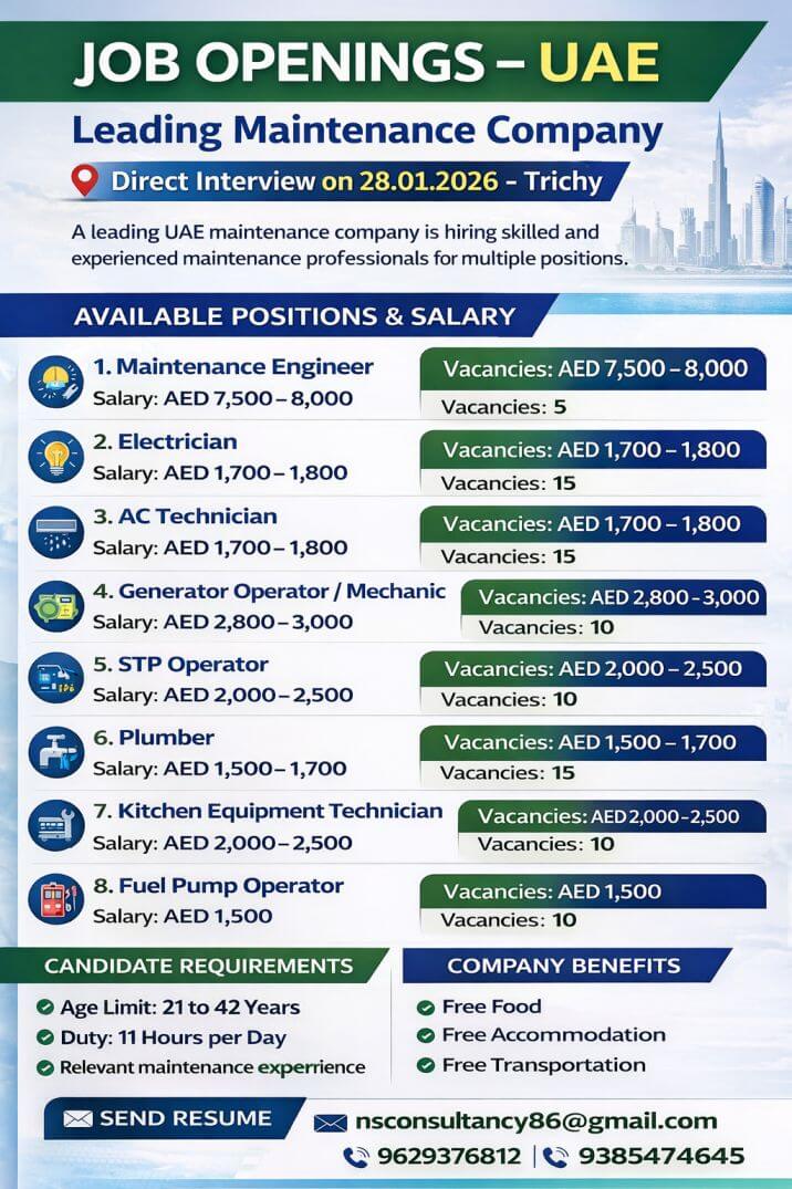 UAE Maintenance Company Jobs – Electrician, AC Technician, Plumber & More | Direct Interview 2026 UAE Maintenance Company Jobs – Electrician, AC Technician, Plumber & More | Direct Interview 2026