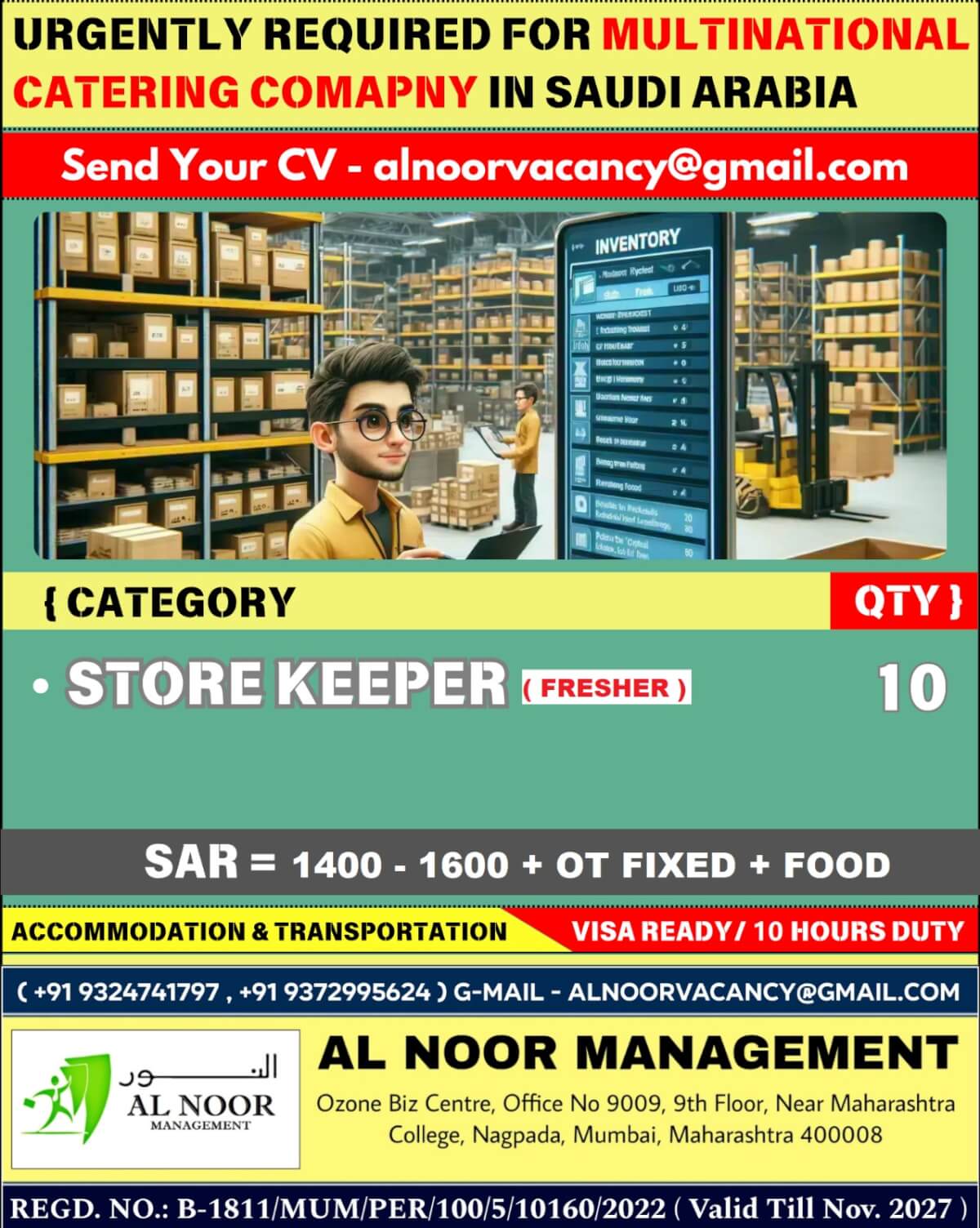 URGENTLY REQUIRED FOR MULTINATIONAL CATERING COMAPNY IN SAUDI ARABIA