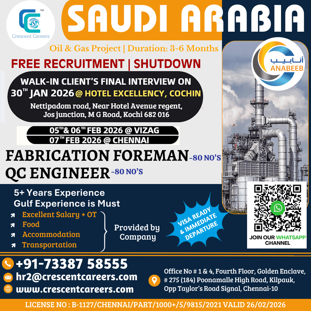 FREE RECRUTMENT - FABRICATION FOREMAN / QC ENGINEER