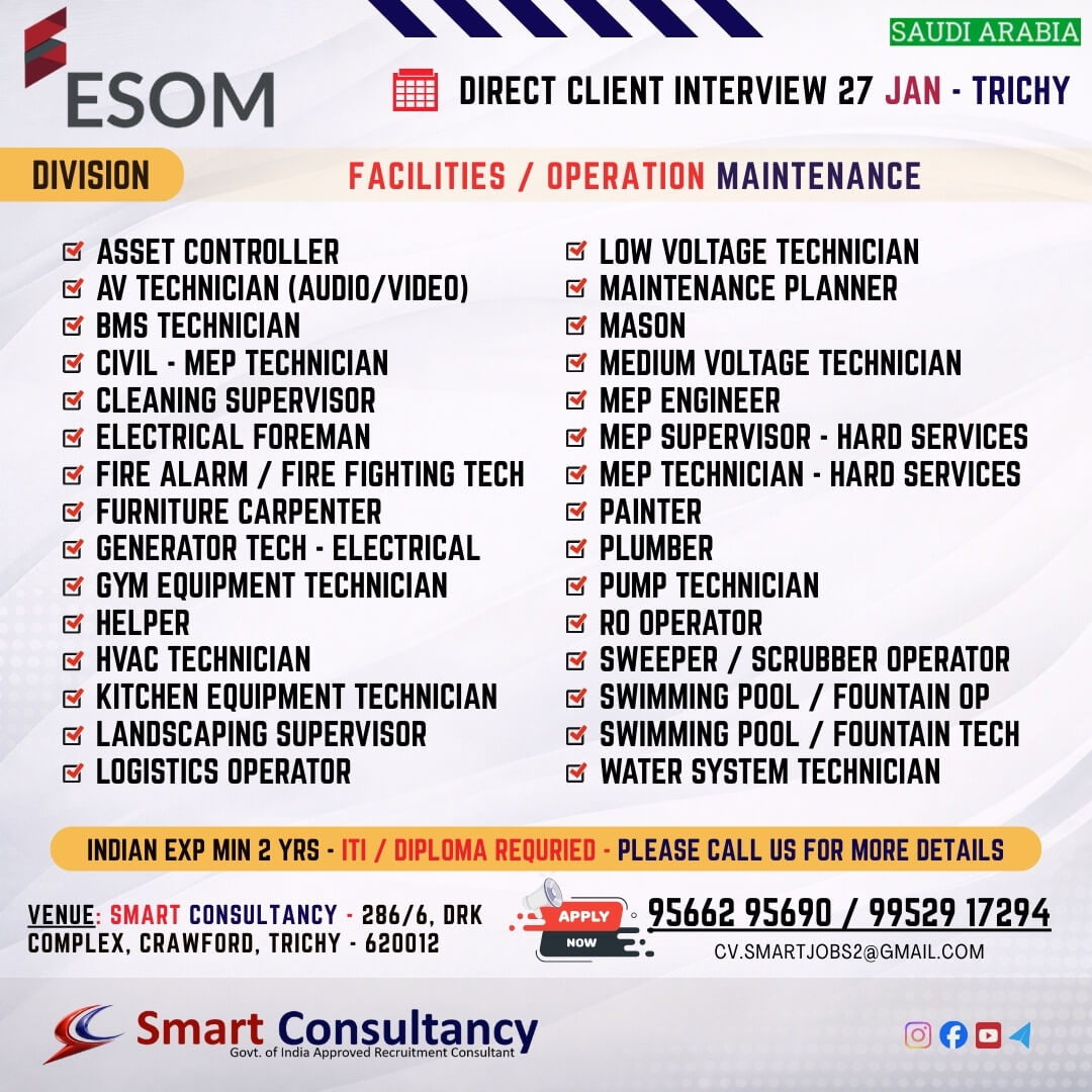 WANTED FOR A LEADING MAINTENANCE COMPANY (SAUDI) DIRECT CLIENT INTERVIEW ON 27 JAN - TRICHY