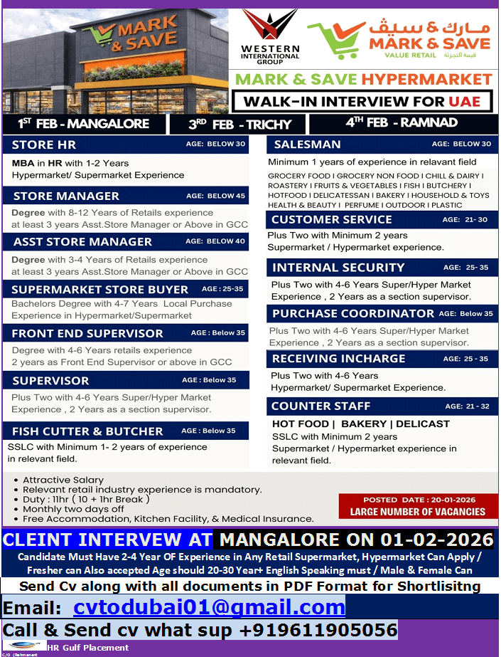 WE ARE HIRING FOR MARK & SAVE HYPERMARKET CO. DUBAI / CLIENT INTERVIEW AT MANGALORE ON 01-02-2026