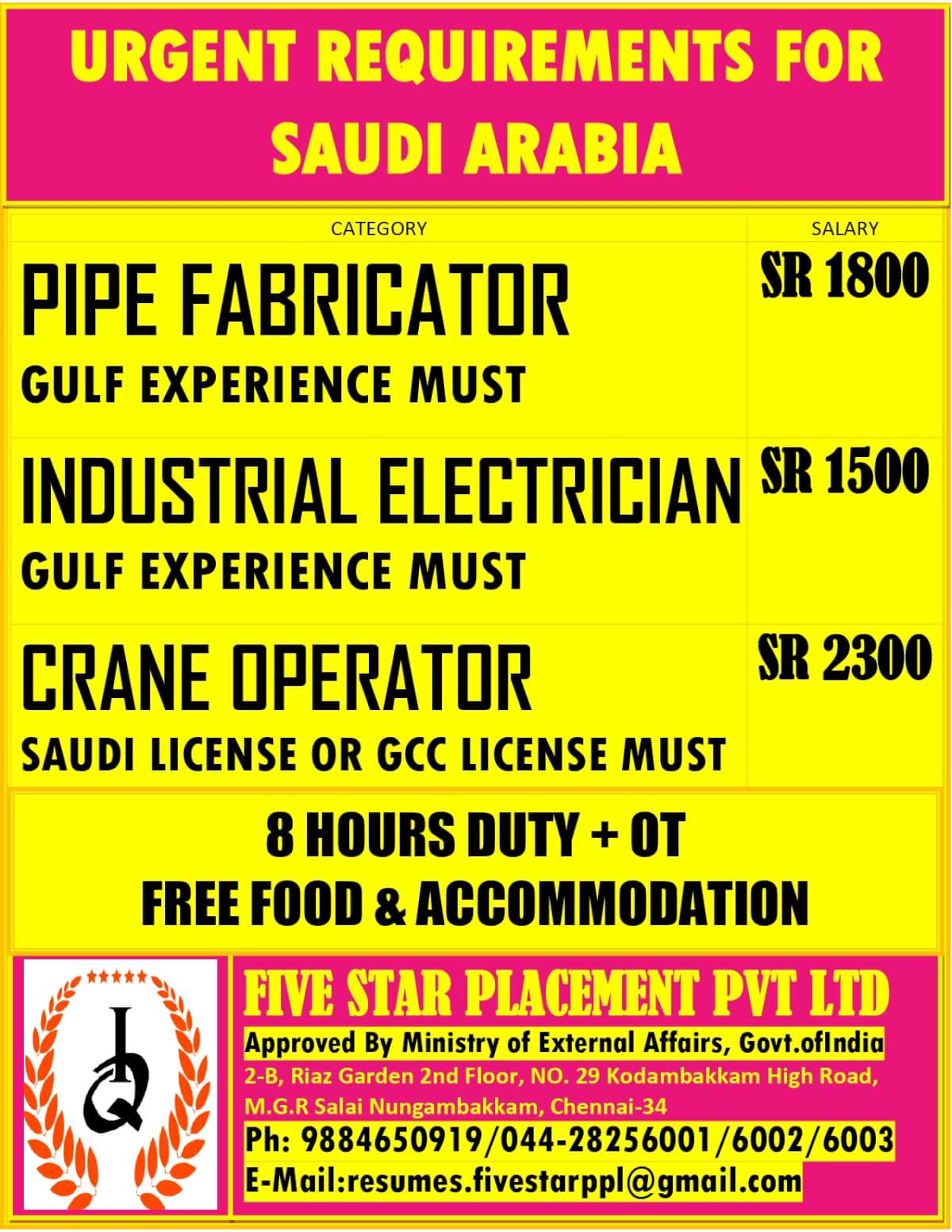 URGENT REQUIREMENT FOR SAUDI ARABIA