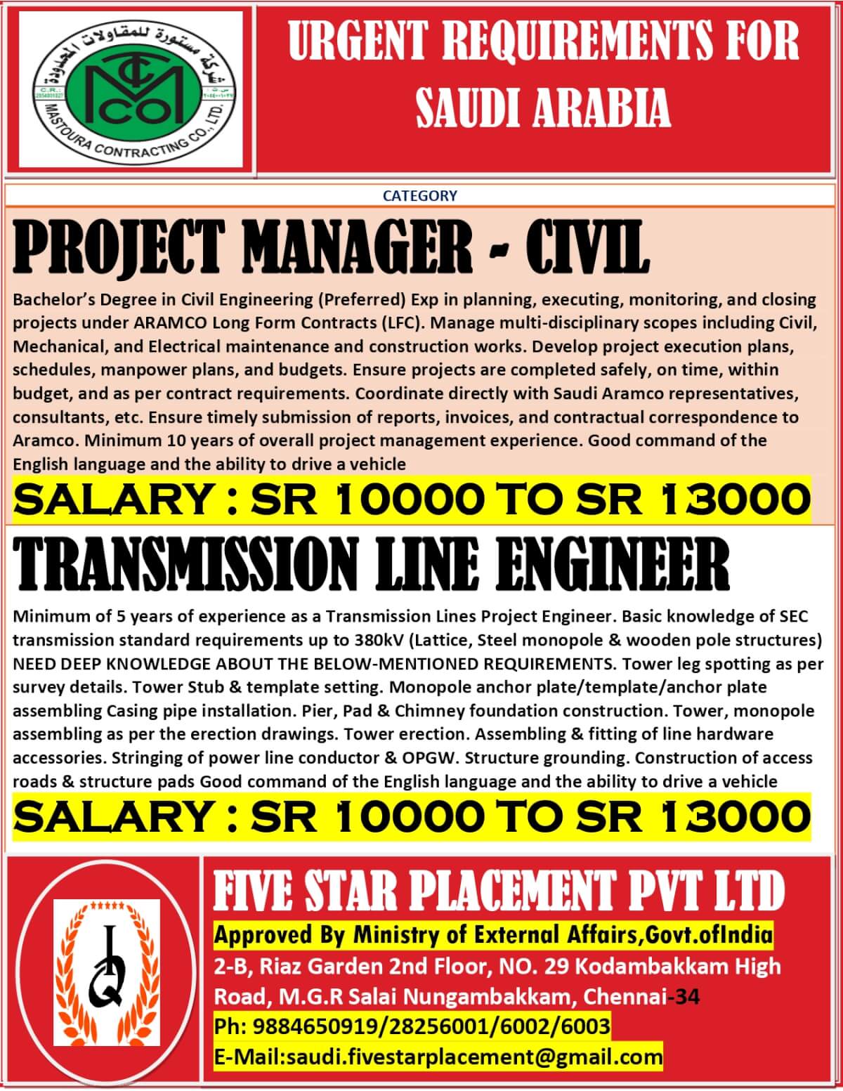 URGENT REQUIREMENT FOR SAUDI ARABIA