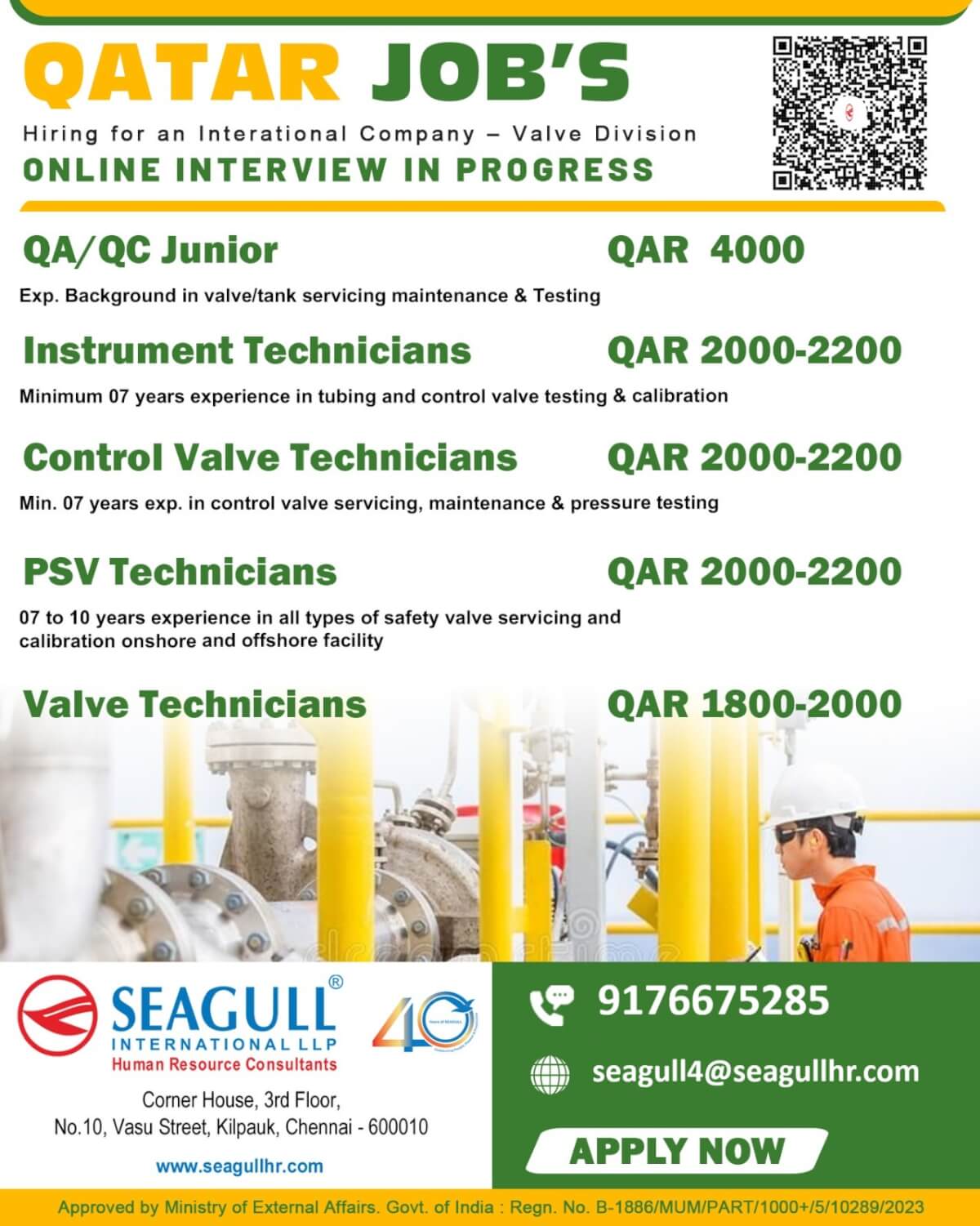 VERY URGENT REQUIREMENTS FOR OIL & GAS  PROJECT - VALVE DIVISION AT QATAR