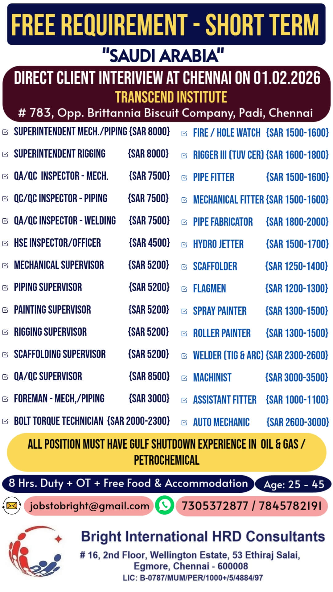 FREE REQUIREMENT - SHORT TERM REQUIREMENT