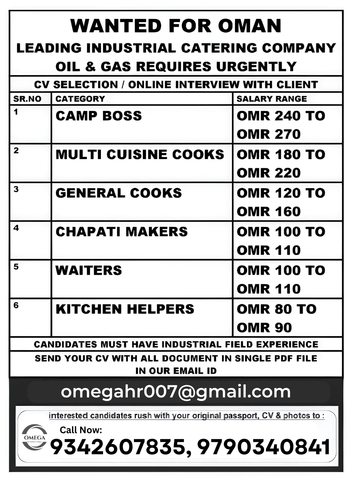 URGENTLY HIRING FOER OMAN