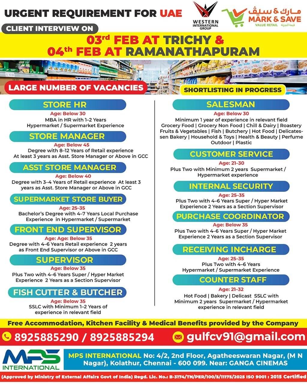 URGENT REQUIREMENT FOR UAE  CLIENT INTERVIEW ON 03.02.2026 AT TRICHY & 04.02.2026 AT RAMANATHAPURAM  Western International Group MARK & SAVE