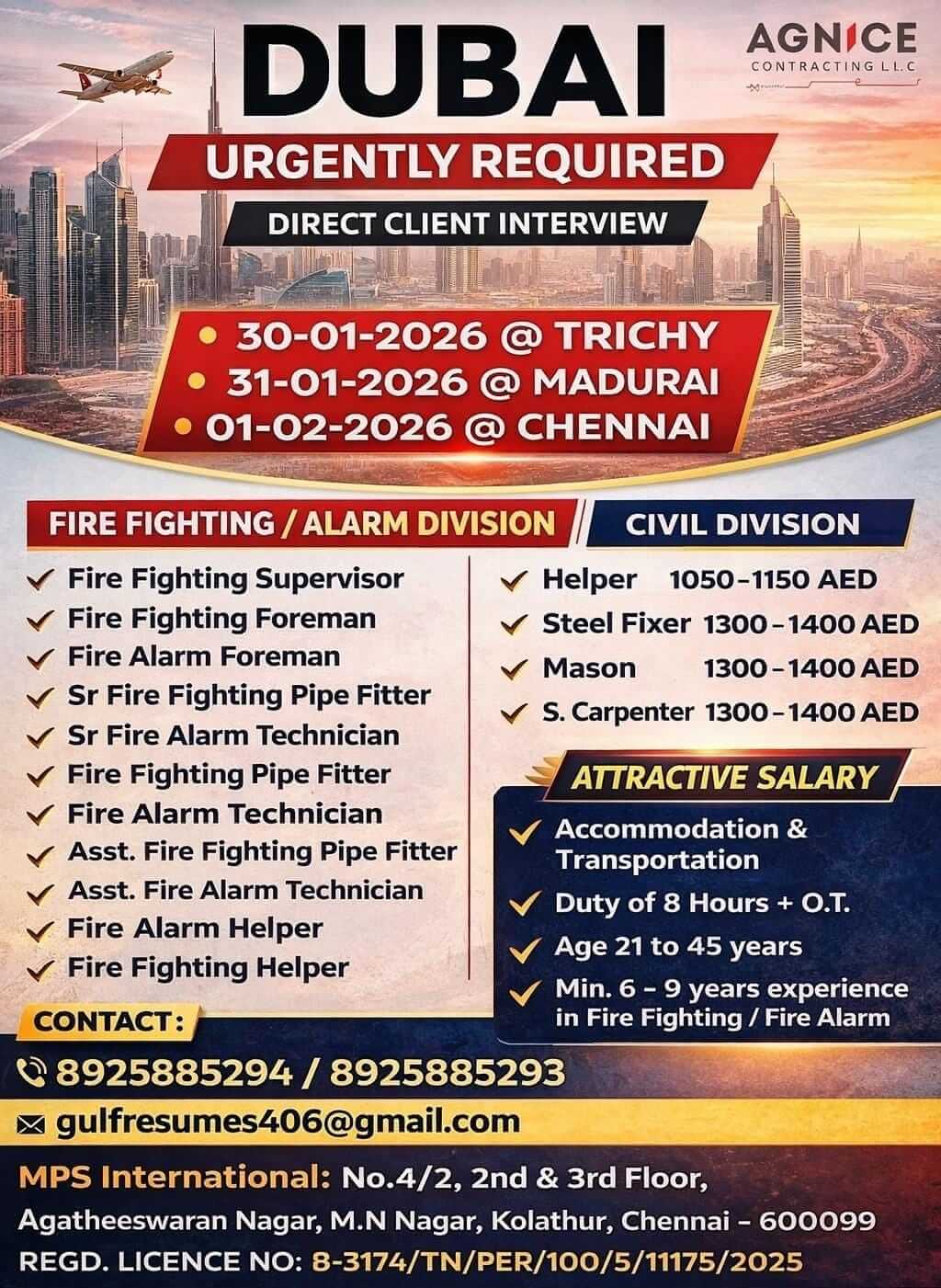 URGENTLY REQUIRED For AGNICE Contracting Direct Client Interview on 30-01-2026 @ Trichy  31-01-2026 @ Madurai  01-02-2026 @ Chennai