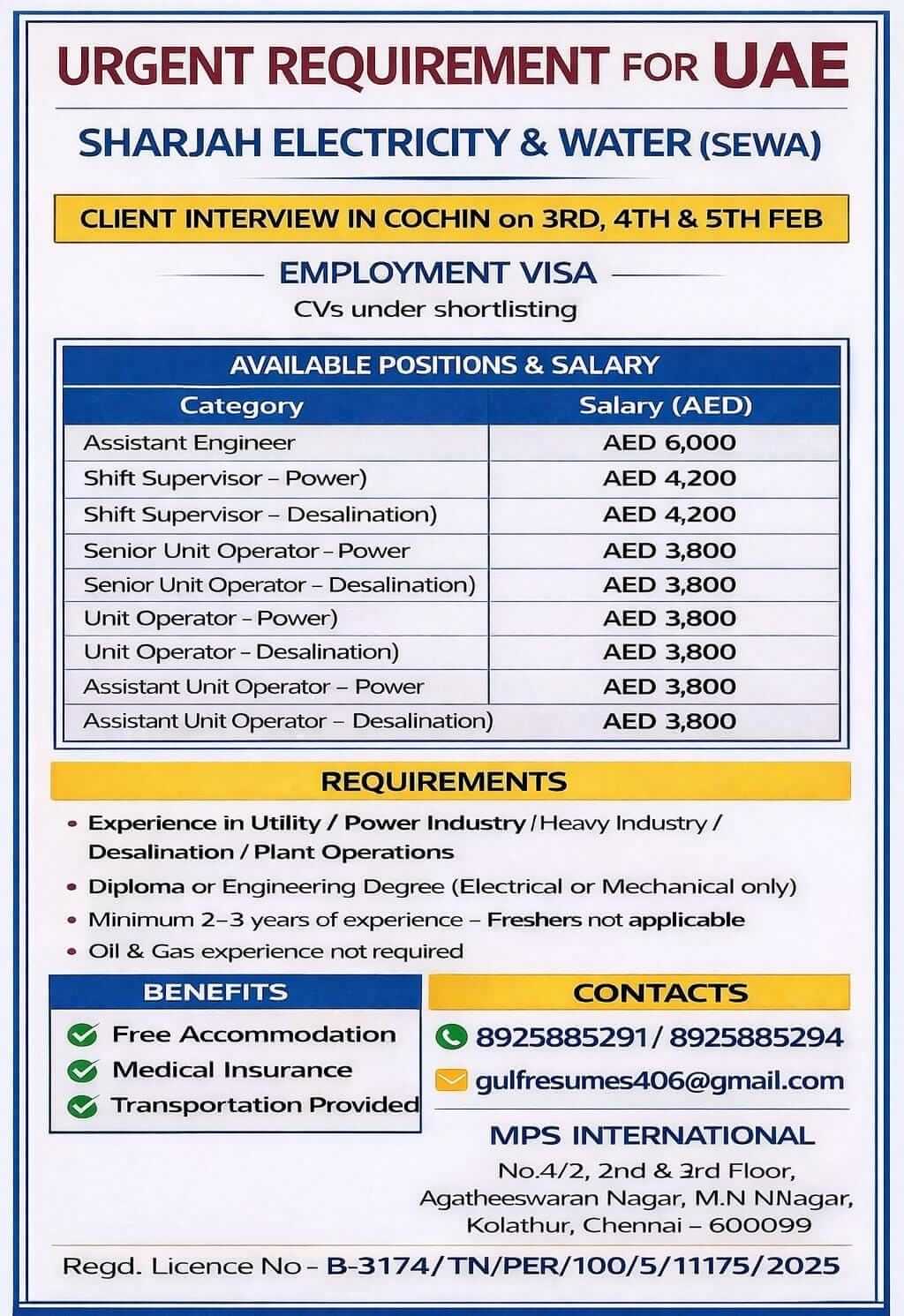 URGENT REQUIREMENT FOR UAE SHARJAH ELECTRICITY & WATER (SEWA) CLIENT INTERVIEW IN COCHIN ON 03.02.2026, 04.02.2026 & 05.02.2026