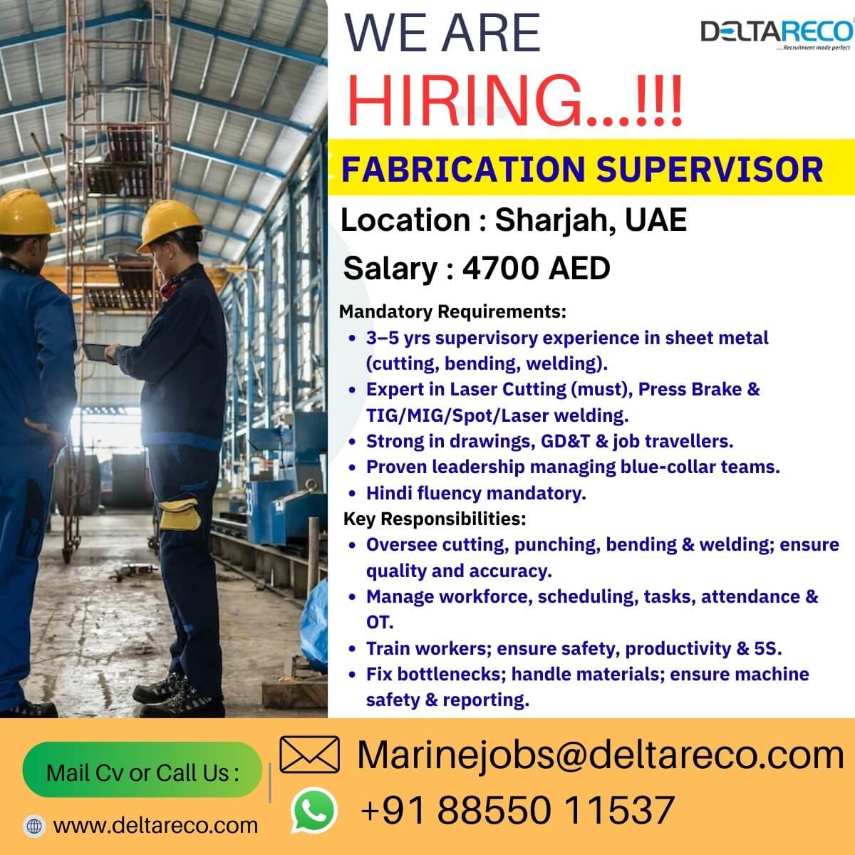Hiring Fabrication Supervisor for Sharjah UAE Hiring Fabrication Supervisor for Sharjah UAE