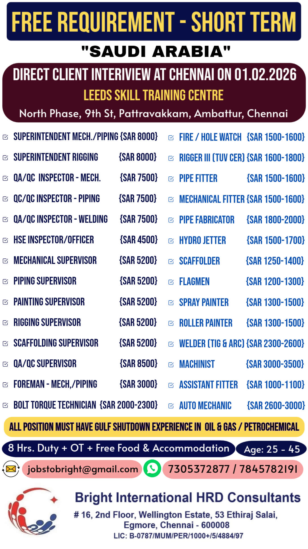 FREE REQUIREMENT - SHORT TERM REQUIREMENT