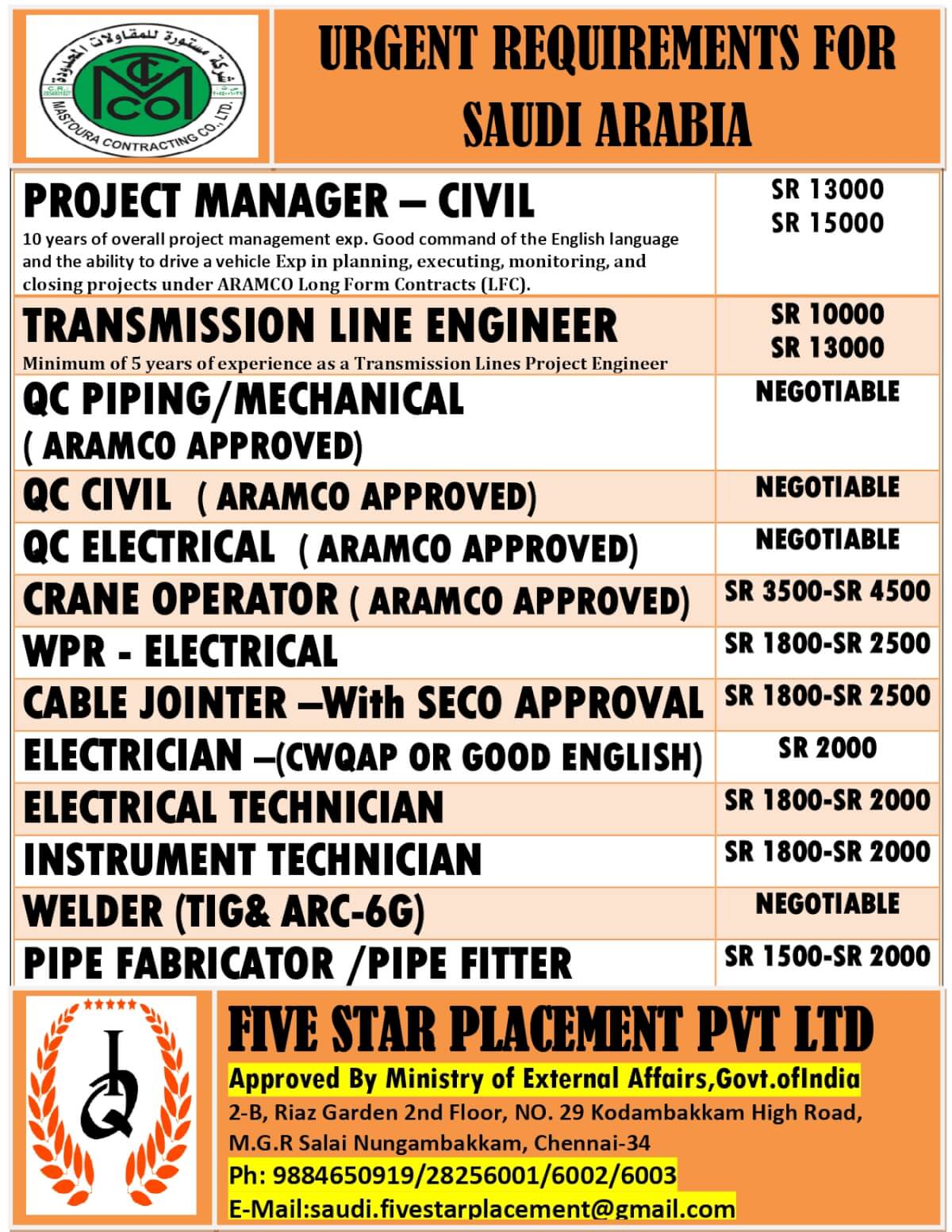 URGENT REQUIREMENT FOR SAUDI ARABIA