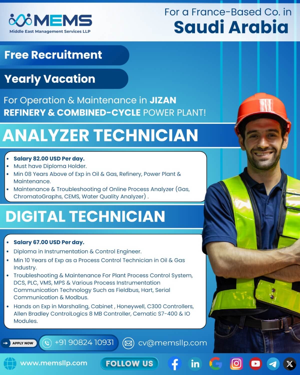 We are hiring for a France Based Company for Refinery & Combined Cycle Power Plant in JIZAN  Saudi Arabia