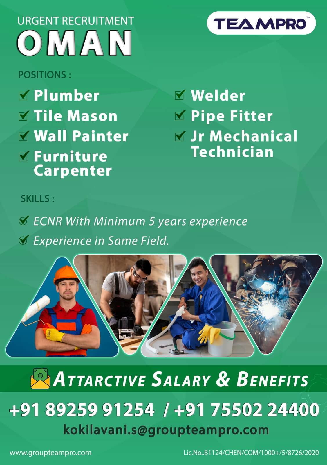 Plumber , Tile Mason , Wall Painter , Furniture Carpenter , Welder , Pipe Fitter ,Jr. Mechanical Technician