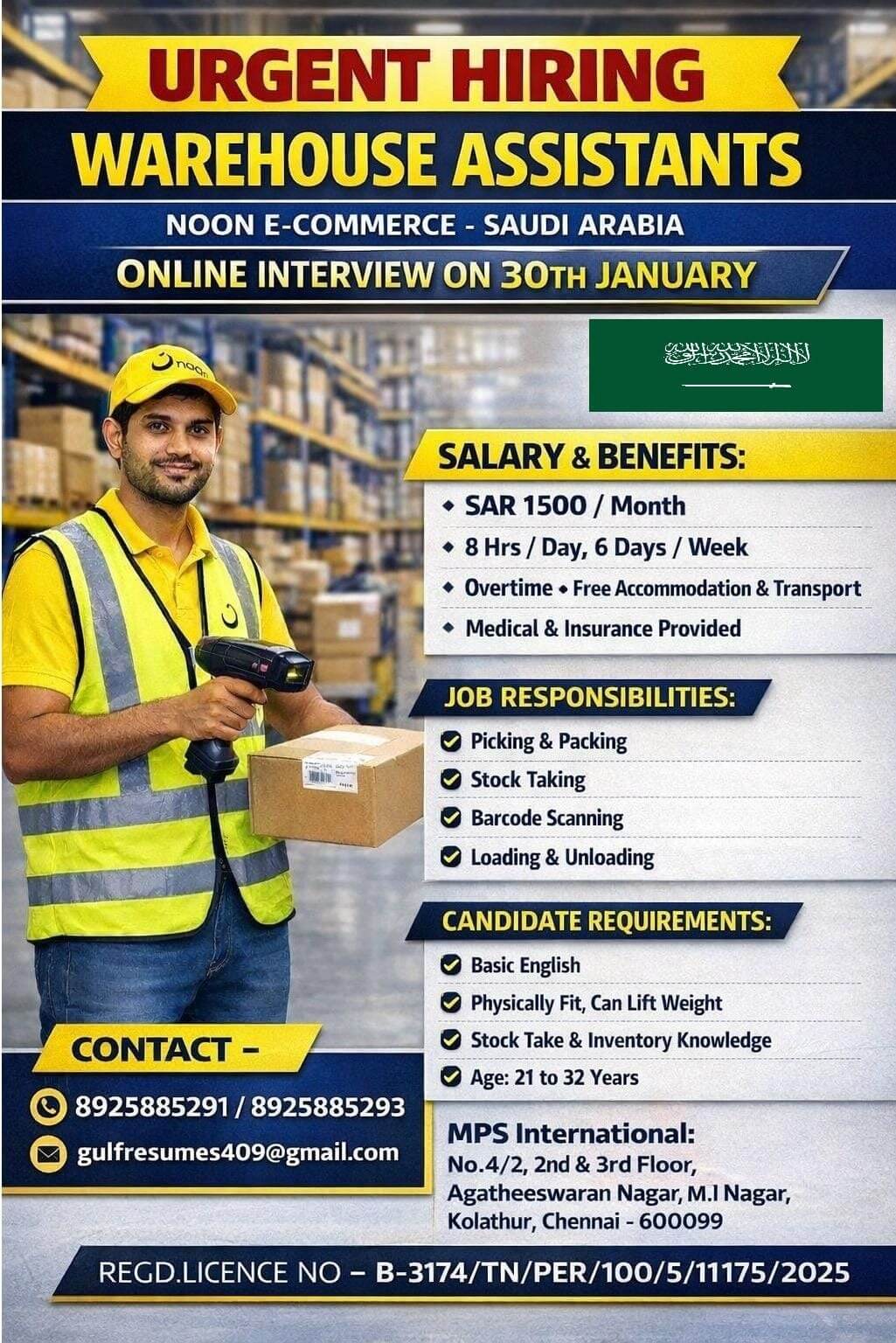 URGENT HIRING WAREHOUSE ASSISTANTS  NOON E-COMMERCE – SAUDI ARABIA ONLINE INTERVIEW ON 30.01.2026