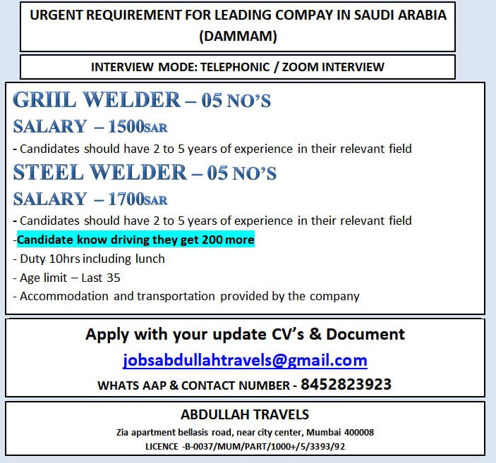 URGENT REQUIREMENT FOR LEADING COMPAY IN SAUDI ARABIA (DAMMAM) URGENT REQUIREMENT FOR LEADING COMPAY IN SAUDI ARABIA (DAMMAM)