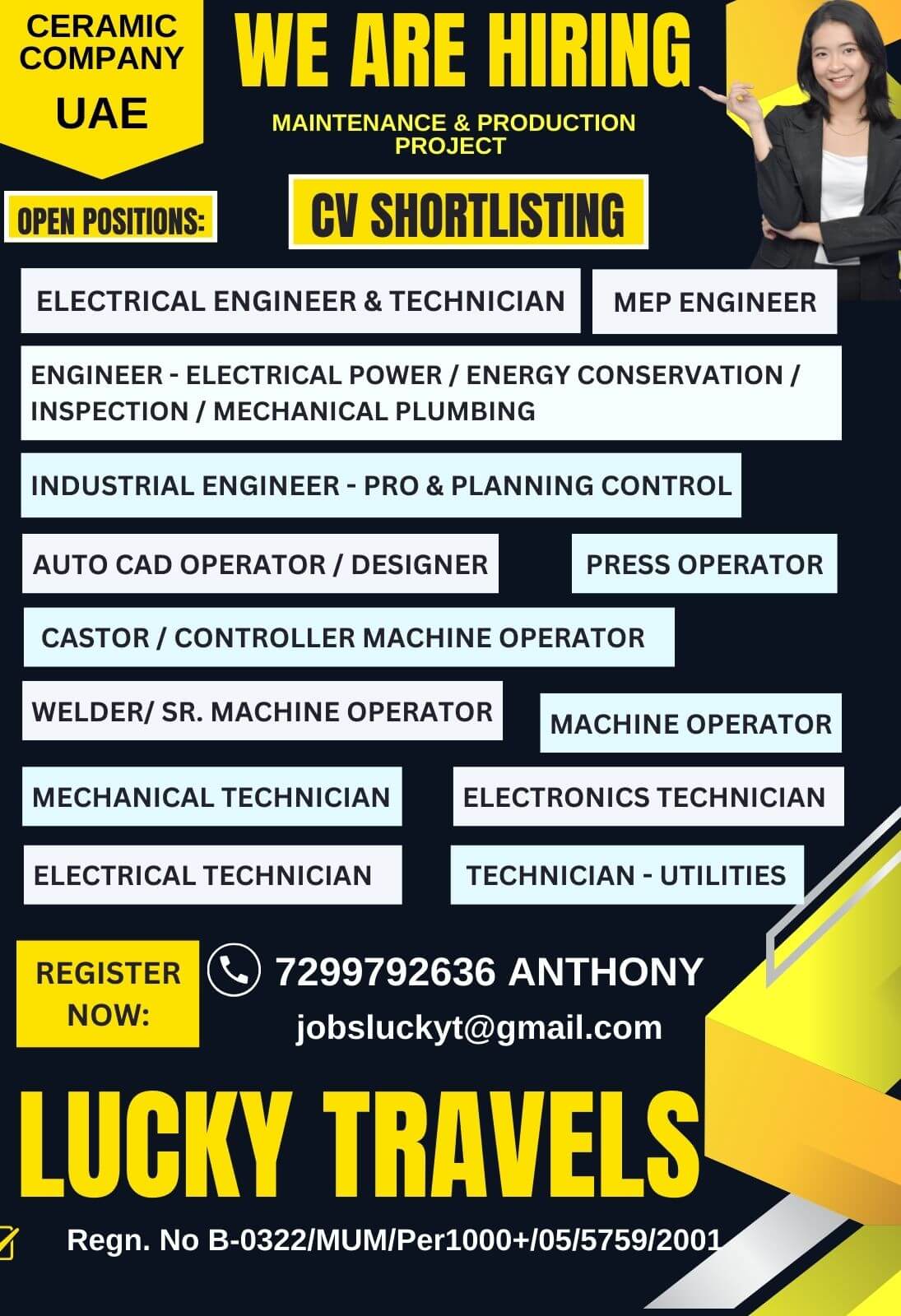 Urgently Required for Maintenance & Production Project for Saudi Arabia / CV Selection   / contact for further details on 7299792636