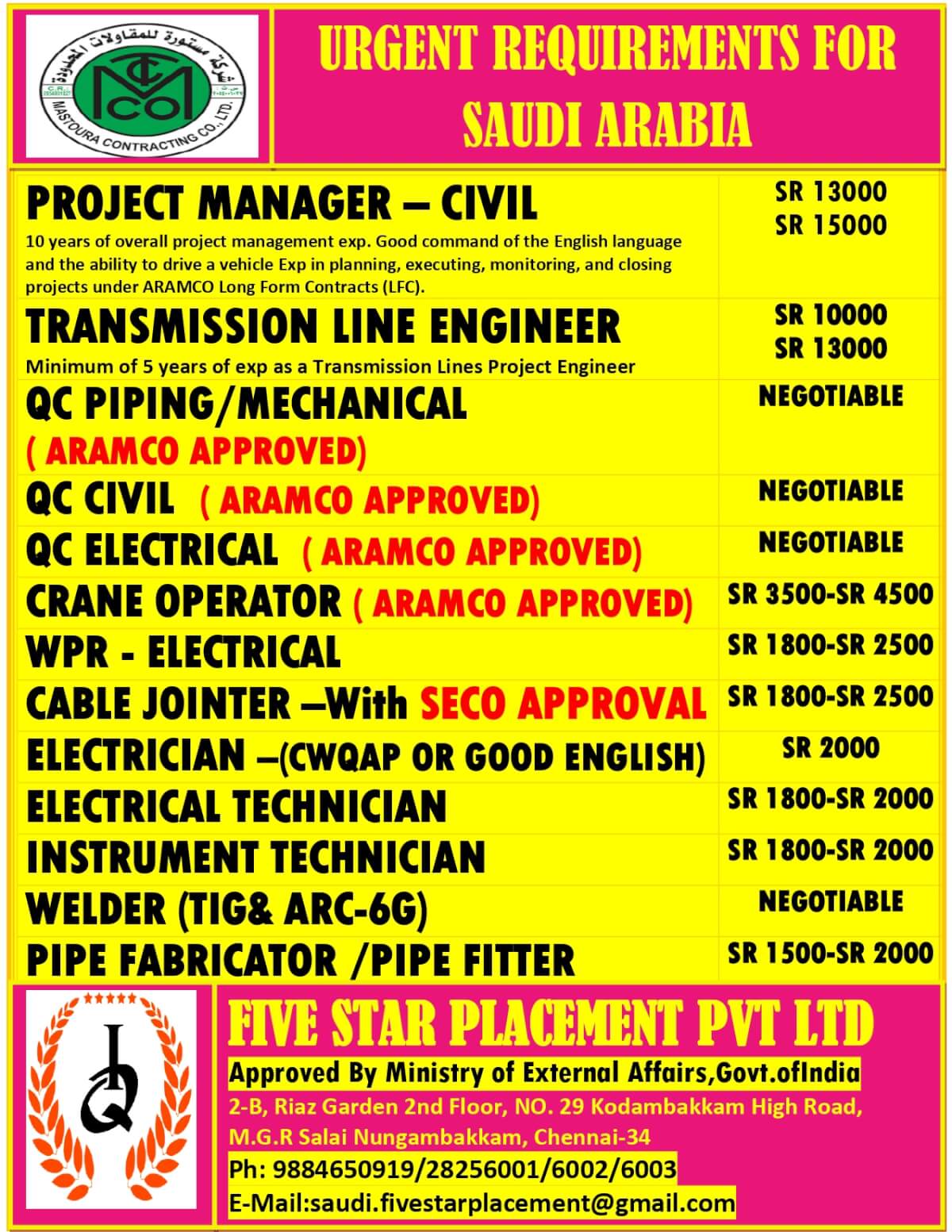 URGENT REQUIREMENT FOR SAUDI ARABIA