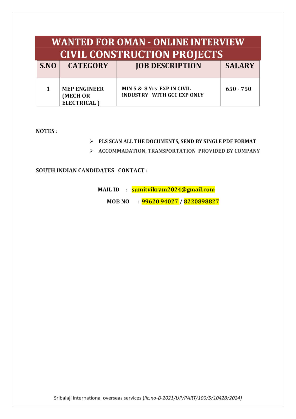 WANTED FOR OMAN - ONLINE INTERVIEW-(CIVIL PROJECT)