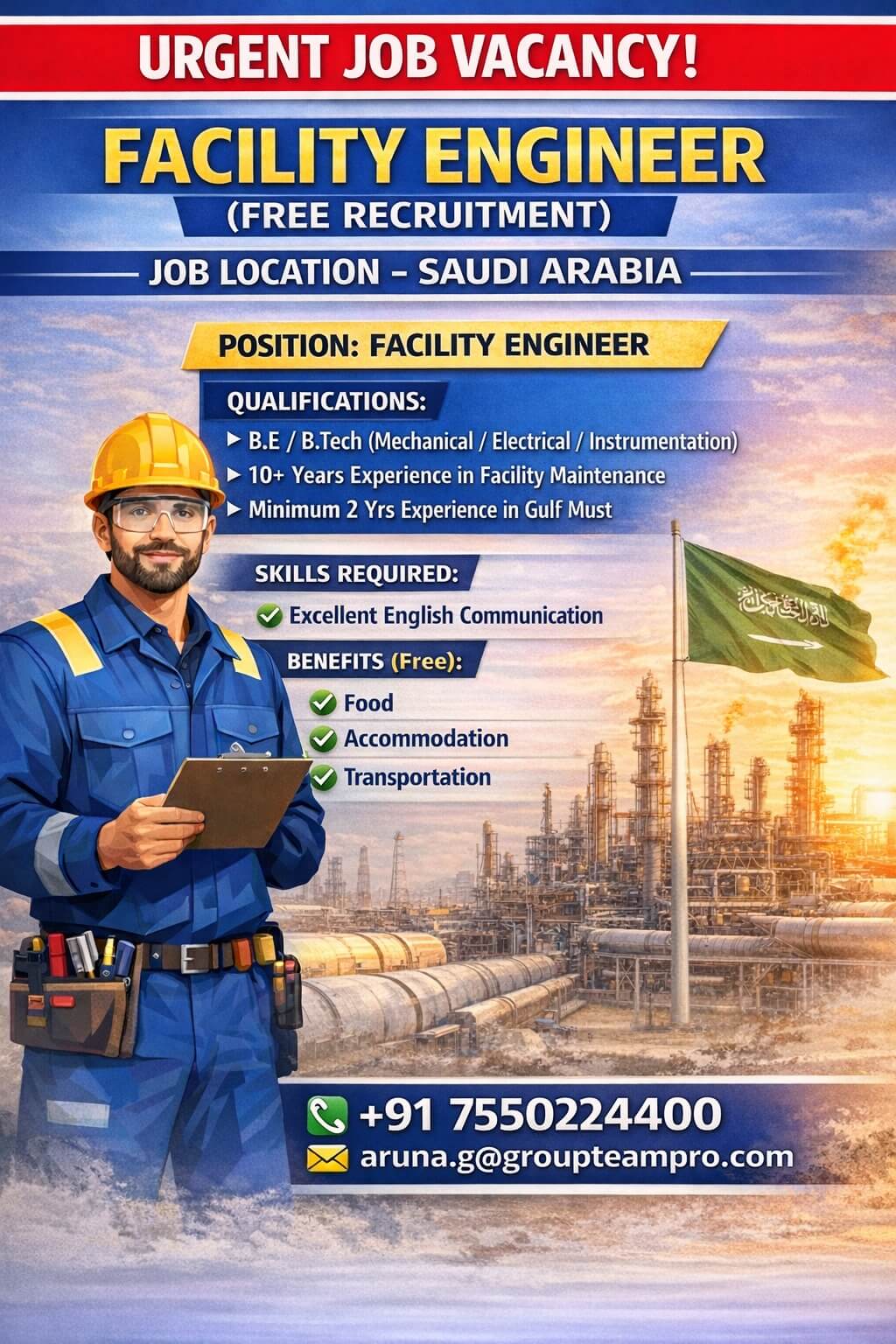 Urgent Hiring | Facility Engineer – Saudi Arabia ?? (Free Recruitment)
