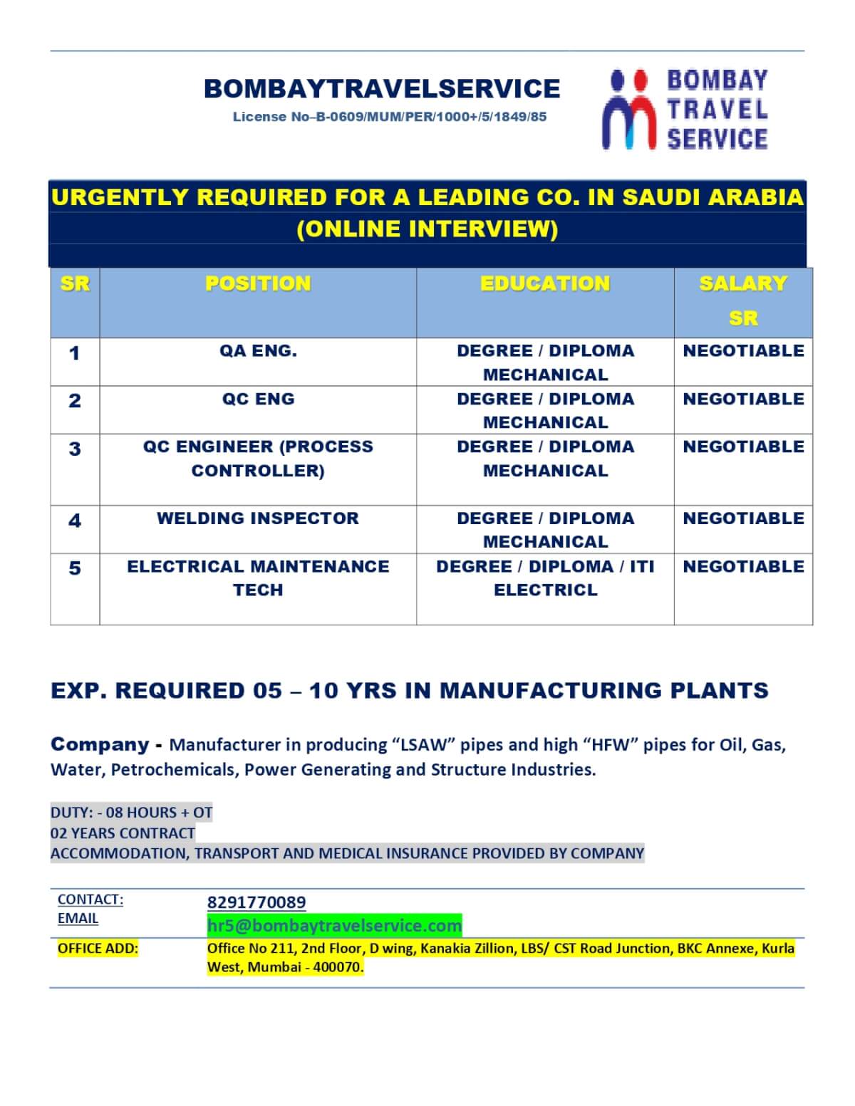 URGENTLY HIRING LEADING PIPE MANUFACTRUING CO SAUDI ARABIA
