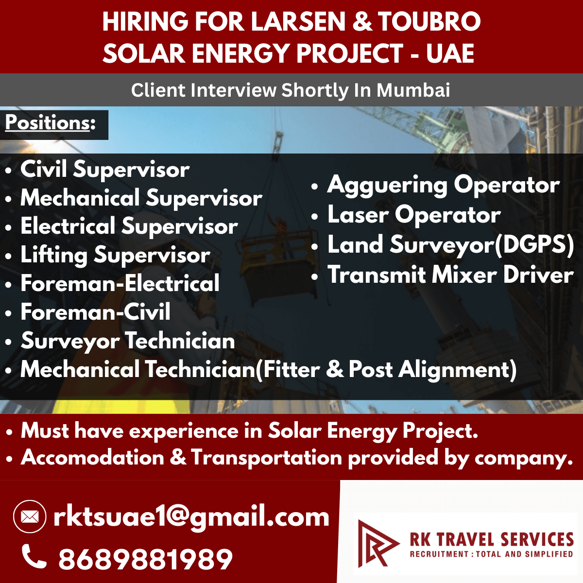 HIRING FOR LARSEN & TOUBRO SOLAR ENERGY PROJECT - UAE