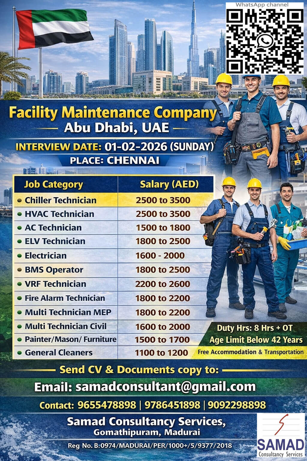 Facility Maintenance Company - Abu Dhabi, UAE, Direct Interview at Chennai on 01-02-2026(Sunday). Facility Maintenance Company - Abu Dhabi, UAE, Direct Interview at Chennai on 01-02-2026(Sunday).
