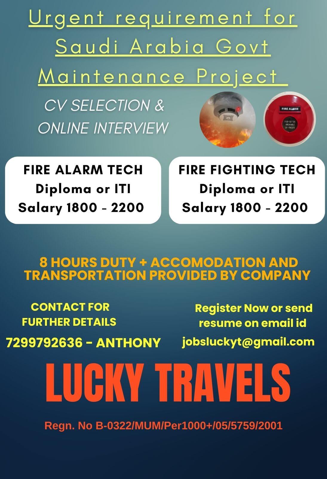 Urgently Required for Government Maintenance Project for Saudi Arabia / CV Selection & ONline interview / contact for further details on 7299792636