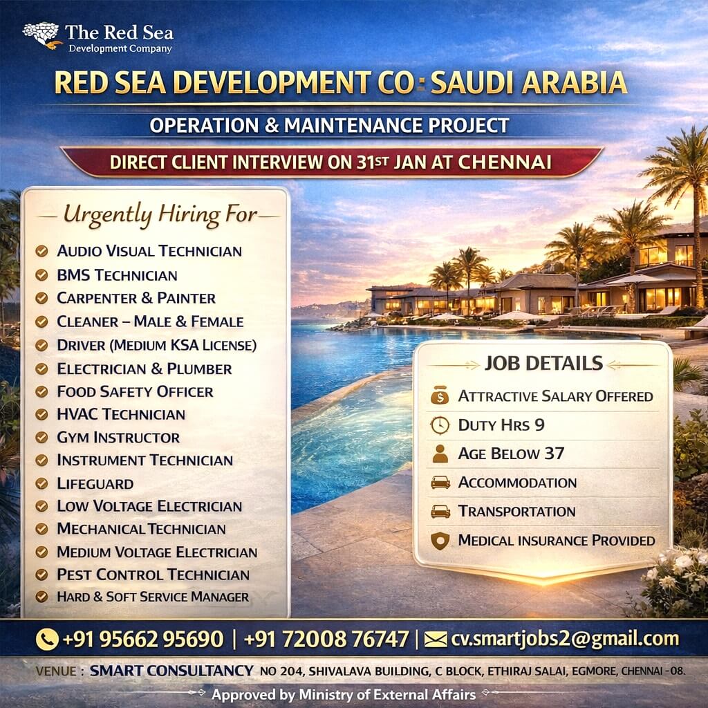 WANTED FOR A LEADING MAINTENANCE COMPANY (SAUDI) DIRECT CLIENT INTERVIEW ON 31 JAN - CHENNAI WANTED FOR A LEADING MAINTENANCE COMPANY (SAUDI) DIRECT CLIENT INTERVIEW ON 31 JAN - CHENNAI