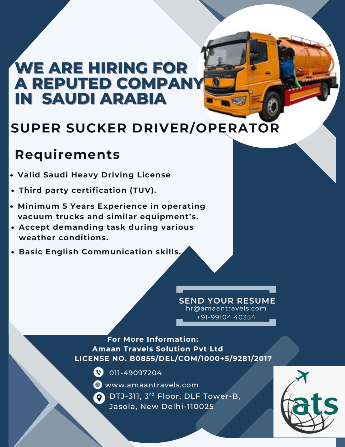 HIRING FOR A WELL REPUTED COMPANY IN SAUDI ARABIA (Super Sucker Driver/Operator)