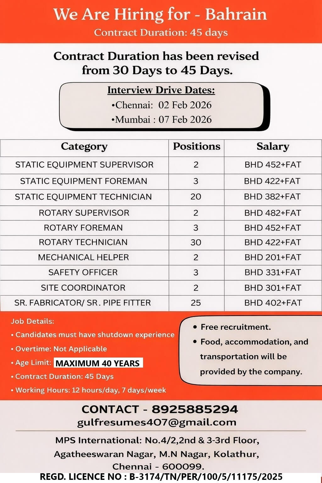 We Are Hiring for – Bahrain Client Interview in Chennai on 02.02.2026 At Mumbai: 07.02.2026