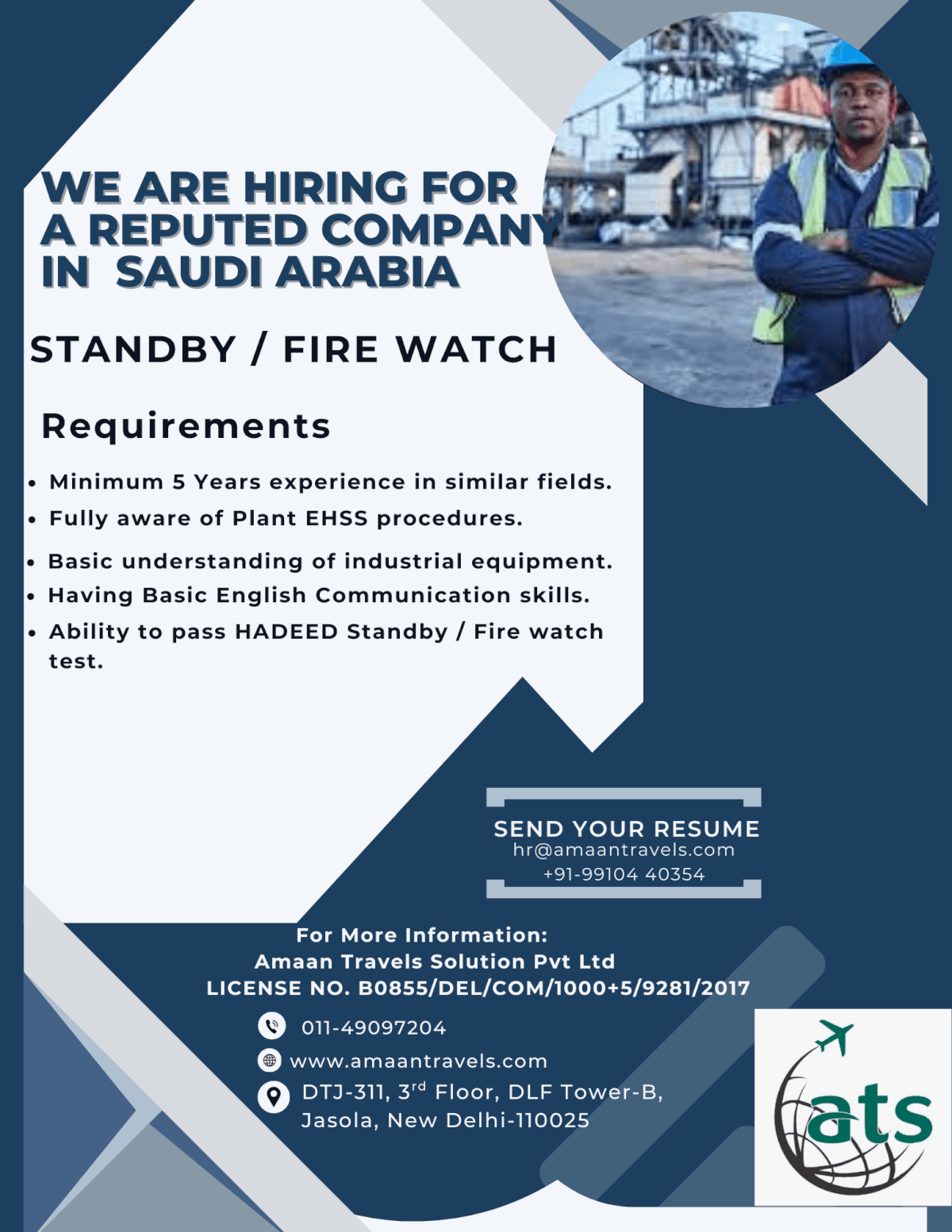 HIRING FOR A WELL REPUTED COMPANY IN SAUDI ARABIA ( Standby / Fire watch)