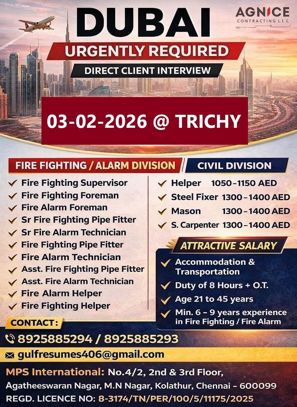 URGENTLY REQUIRED FOR DUBAI Direct Client Interview Date: 03-02-2026 @ TRICHY