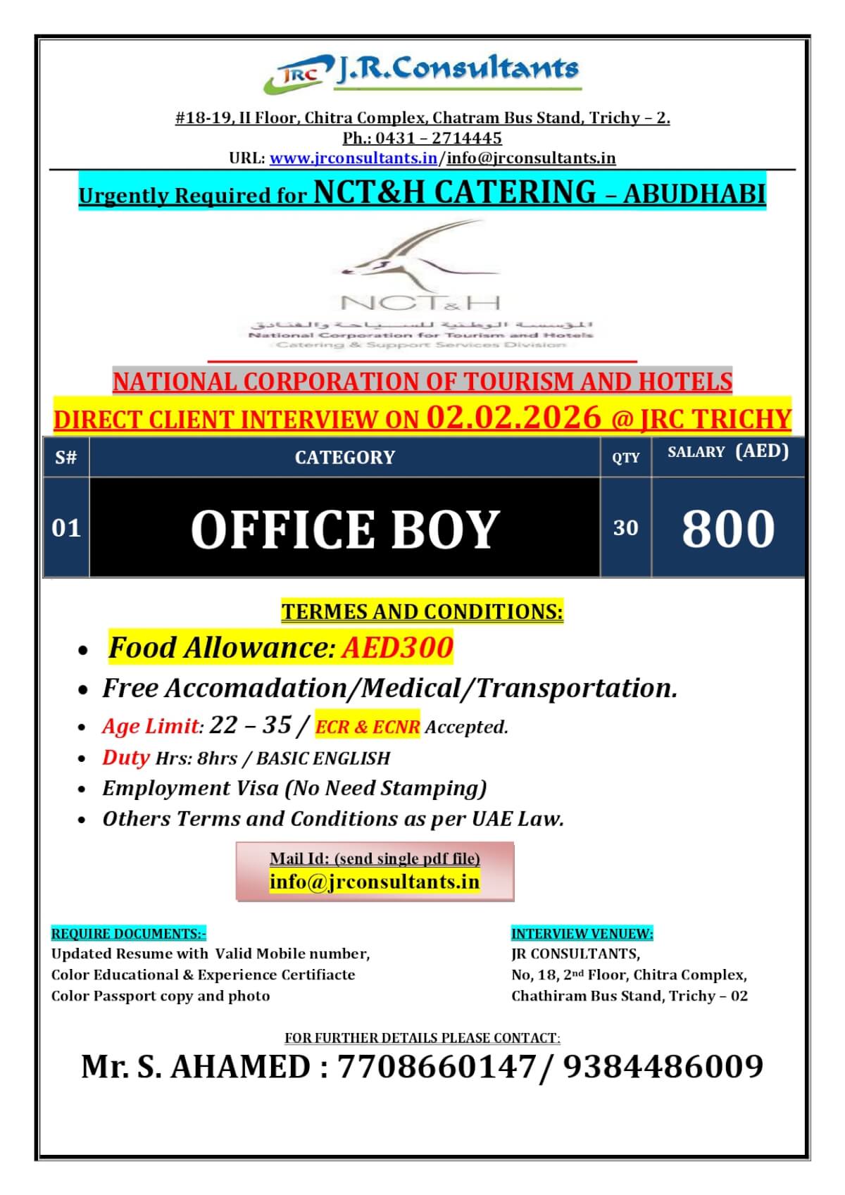URGENTLY REQUIRED FOR A LEADING NCT&H CATERING COMPANY IN ABU DHABI DIRECT CLIENT INTERVIEW ON 02.02.2026 @ JRC TRICHY