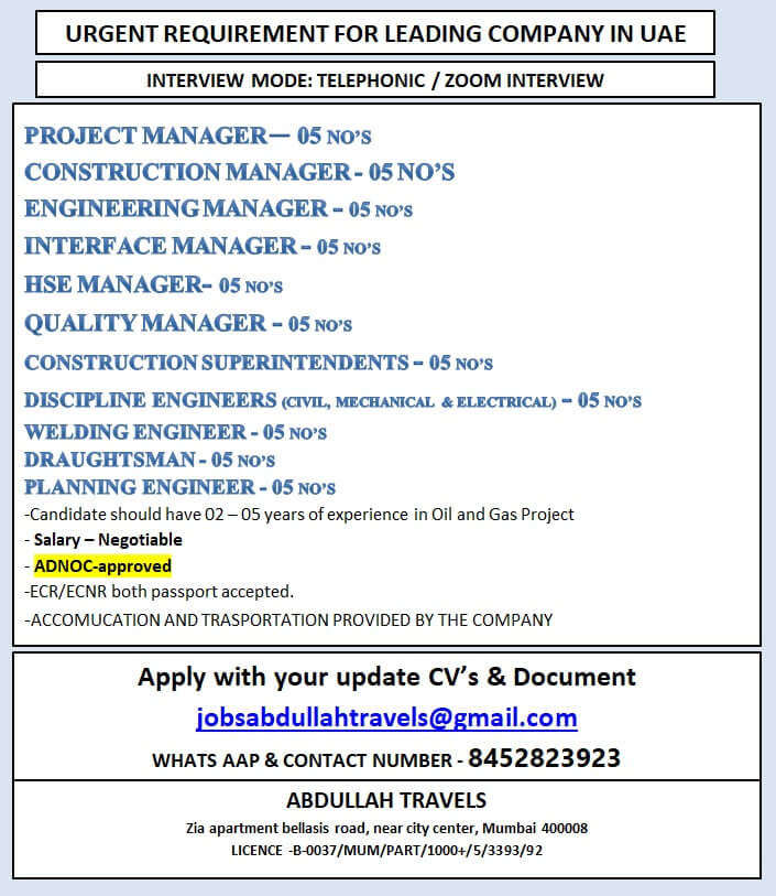 URGENT REQUIREMENT FOR LEADING COMPANY IN UAE